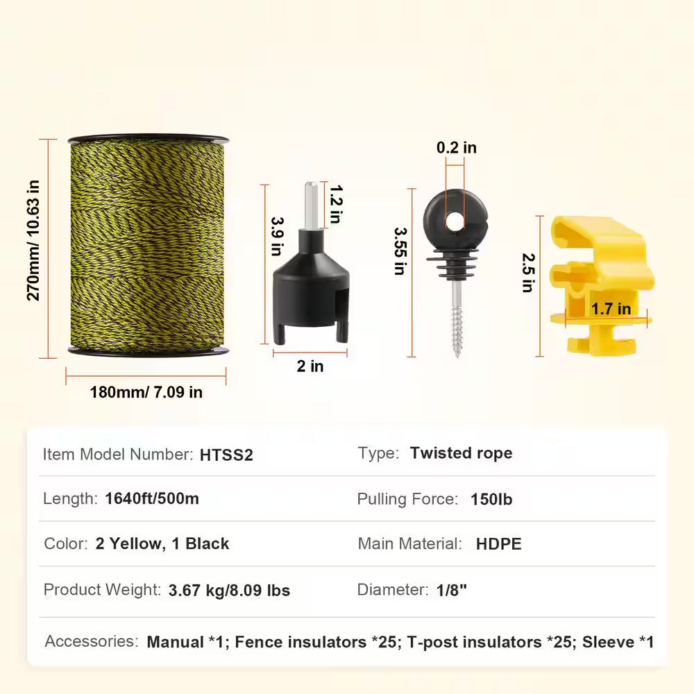 Electric Fence Wire 1640 Ft. 500M Polywire 1/8 In. Diameter 6 Stainless Steel Strands Fencing Rope with 25 Fence