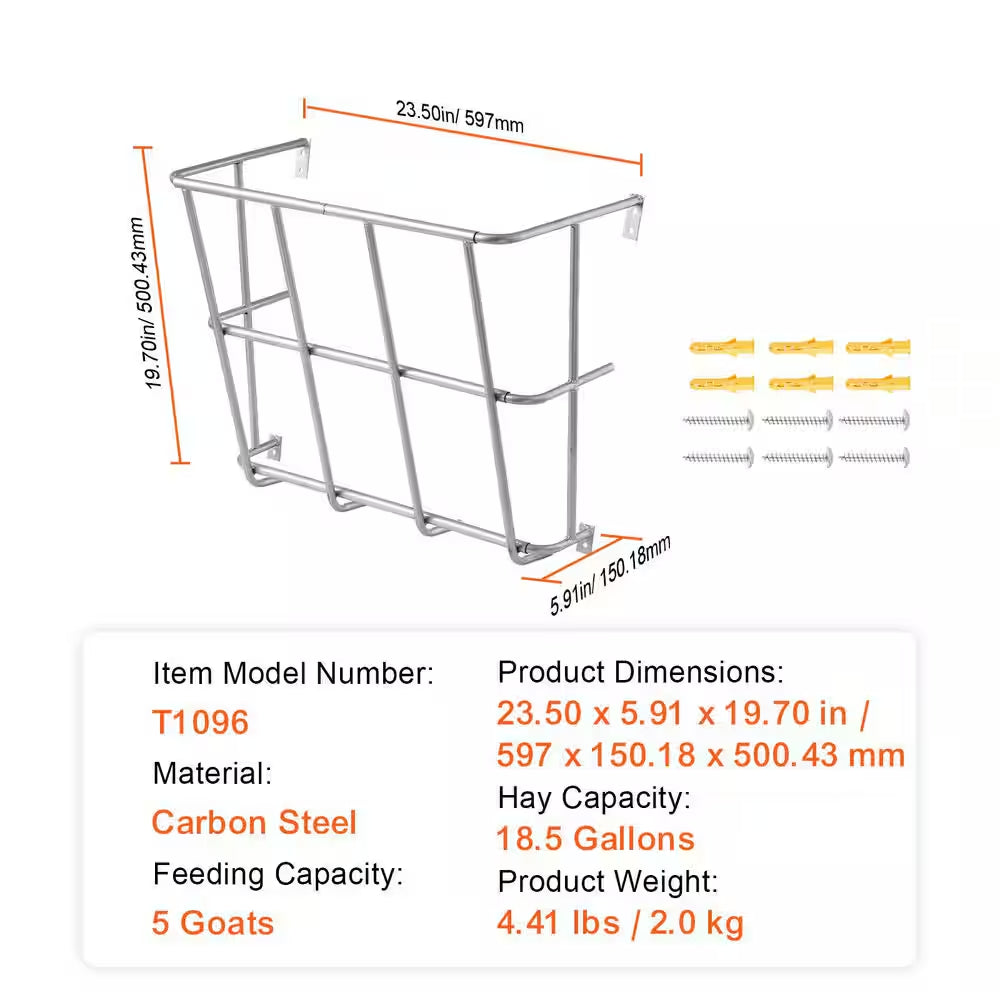 Livestock Hay Feeder, 18.5 Gal. Large Capacity, Heavy-Duty Steel Goat Hay Rack, 24.4 In. Long Wall Mounted Hay Holder