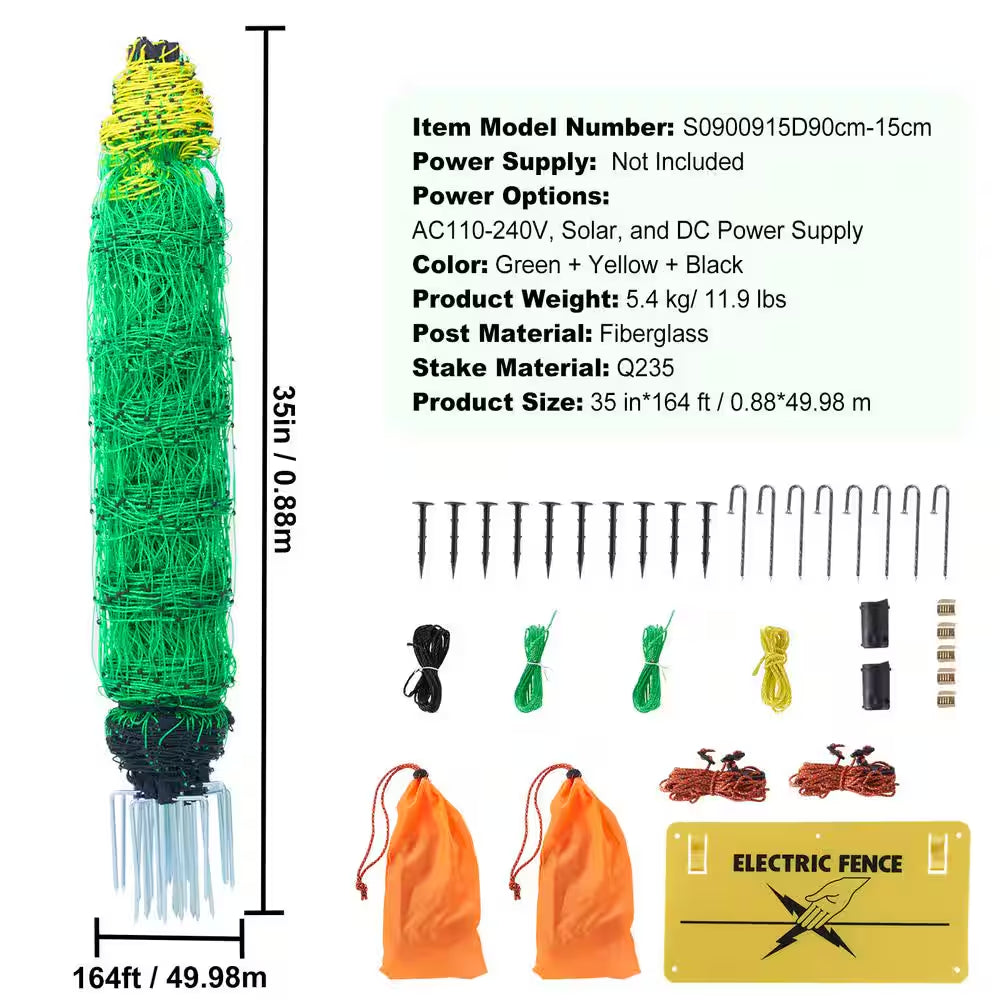 Electric Fence Netting 35 In. H X 164 Ft. L PE Fencing with Posts and Double-Spiked Stakes Portable Mesh, Cabinet Type