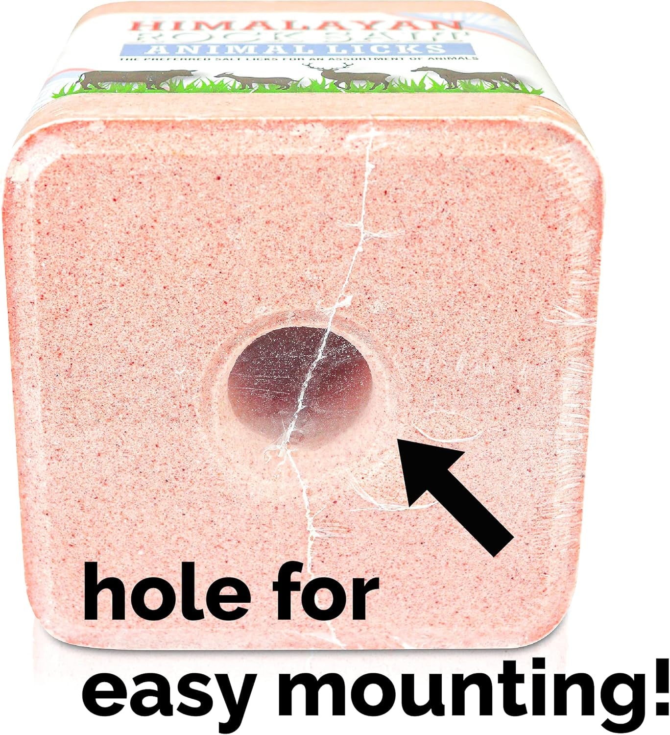 Salt Block for Deer & Horses – Compressed Mineral Salt Lick for Livestock, Cattle & Goats –  Pink Rock Salt Block (2.5LB/2KG, Block W/ Mounting Hole)
